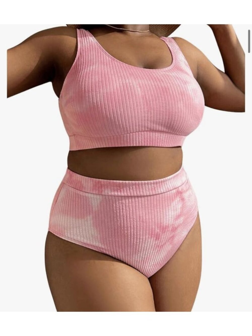 NEW-Plus Size Tie-Dye Bikini Pink White Bandeau High Waist Sz 2XL